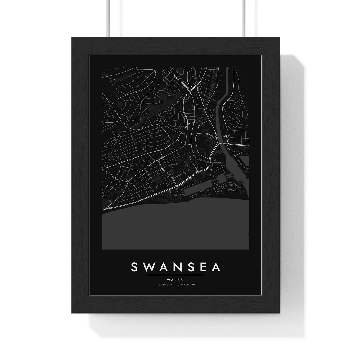 Swansea street map poster in black, minimal city map print framed in a black frame