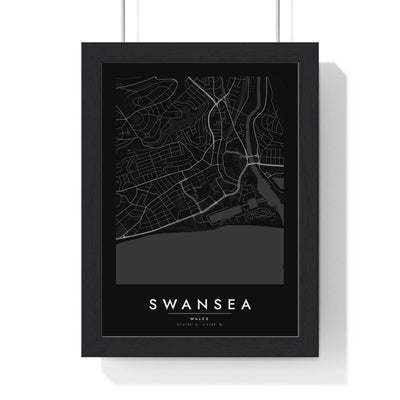 Swansea street map poster in black, minimal city map print framed in a black frame