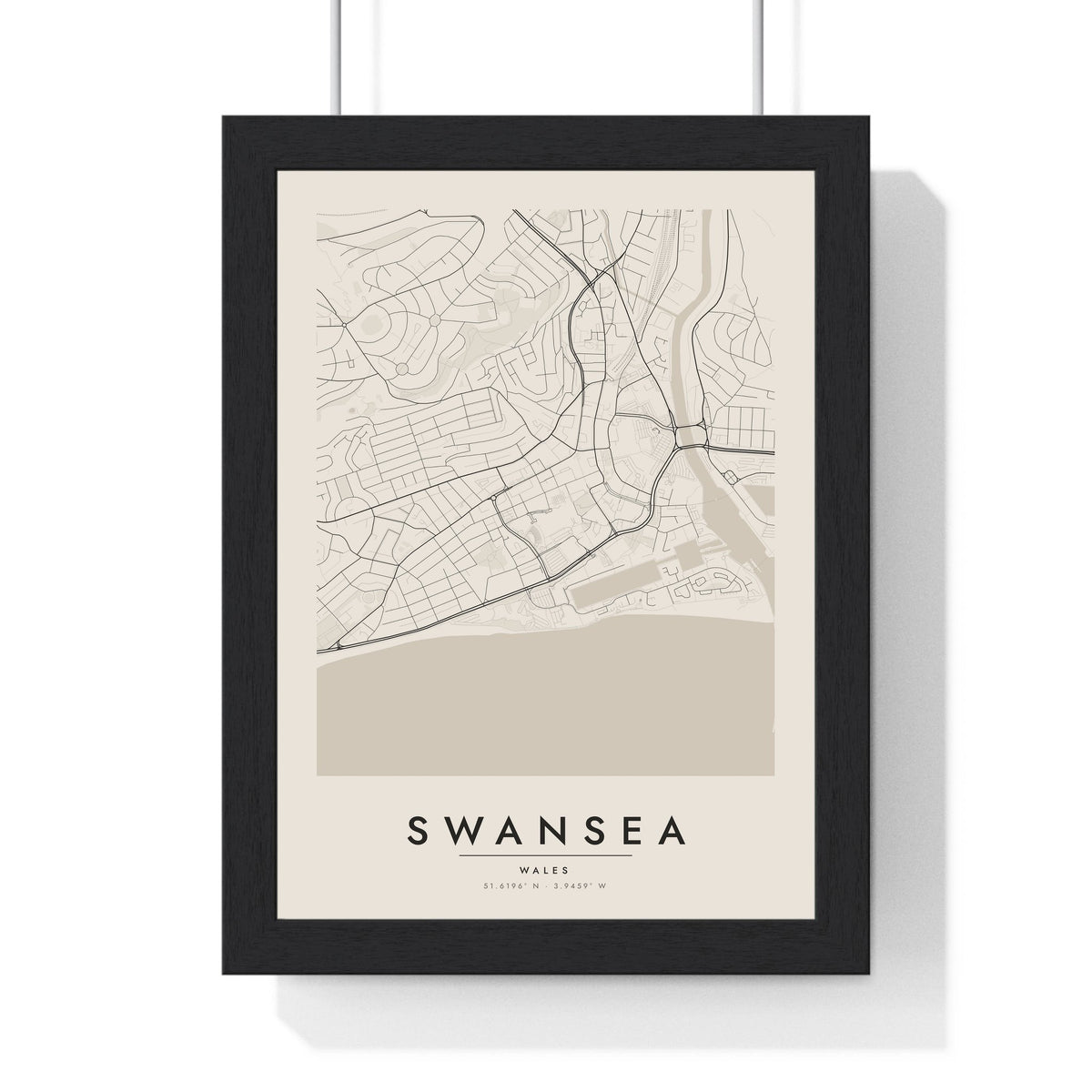 Swansea street map poster in cream, minimal city map print framed in a black frame