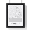 Swansea street map poster in white, minimal city map print framed in a black frame