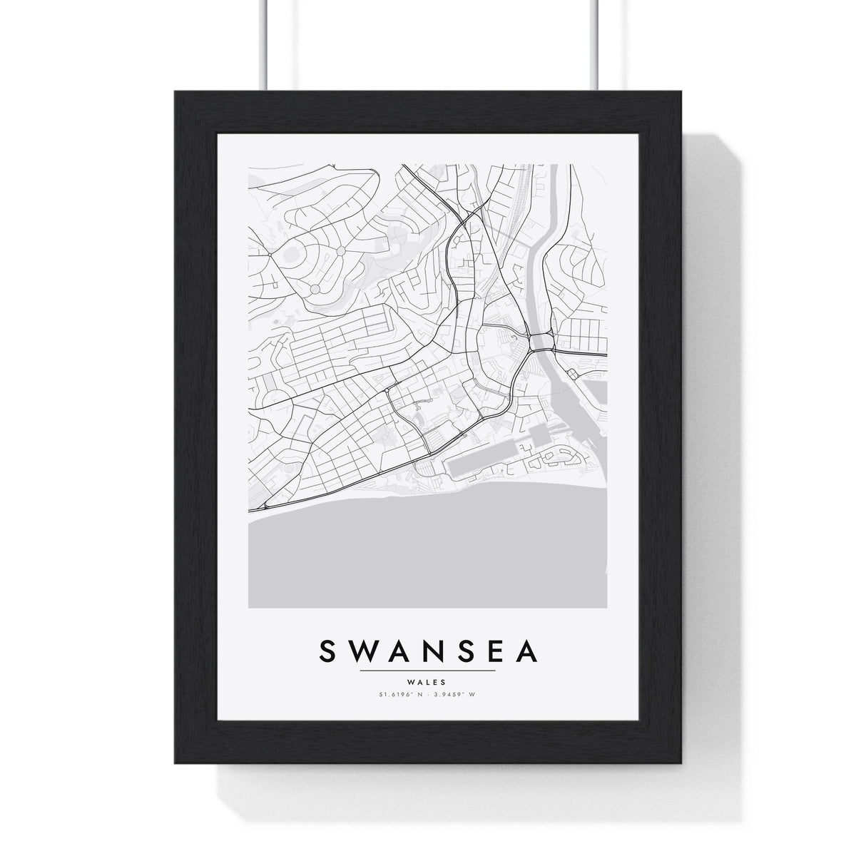 Swansea street map poster in white, minimal city map print framed in a black frame