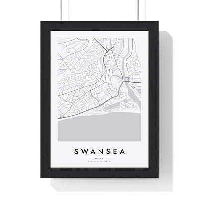 Swansea street map poster in white, minimal city map print framed in a black frame