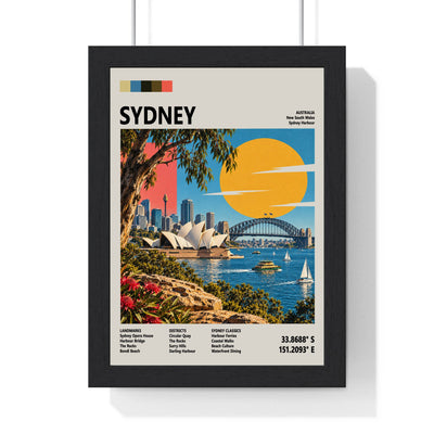 Sydney Mid Century Travel print framed in a black frame, ready to hang