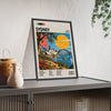 Sydney Mid Century Travel print framed and leaning on a sideboard