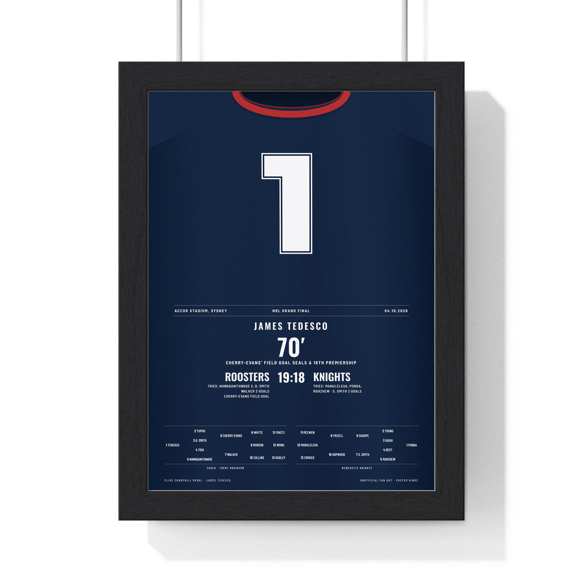 Sydney Roosters NRL Grand Final 2026 Poster - James Tedesco 1 Rugby League Print framed in a black frame, ready to hang