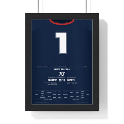 Sydney Roosters NRL Grand Final 2026 Poster - James Tedesco 1 Rugby League Print framed in a black frame, ready to hang