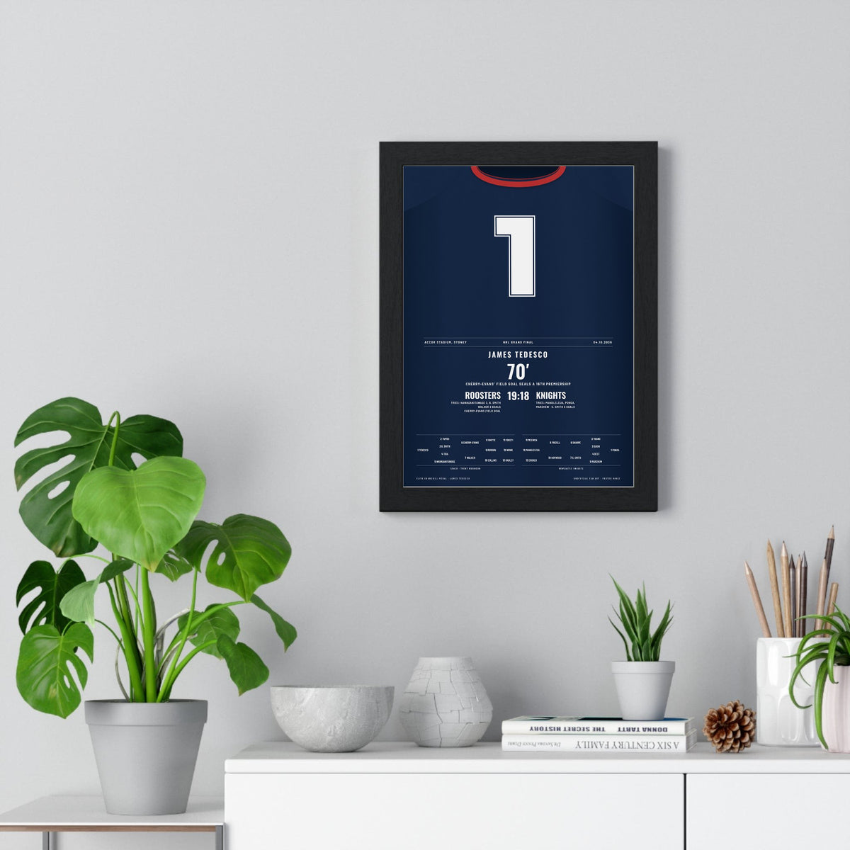 Sydney Roosters NRL Grand Final 2026 Poster - James Tedesco 1 Rugby League Print framed on a living room wall