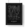 Sydney street map poster in black, minimal city map print framed in a black frame