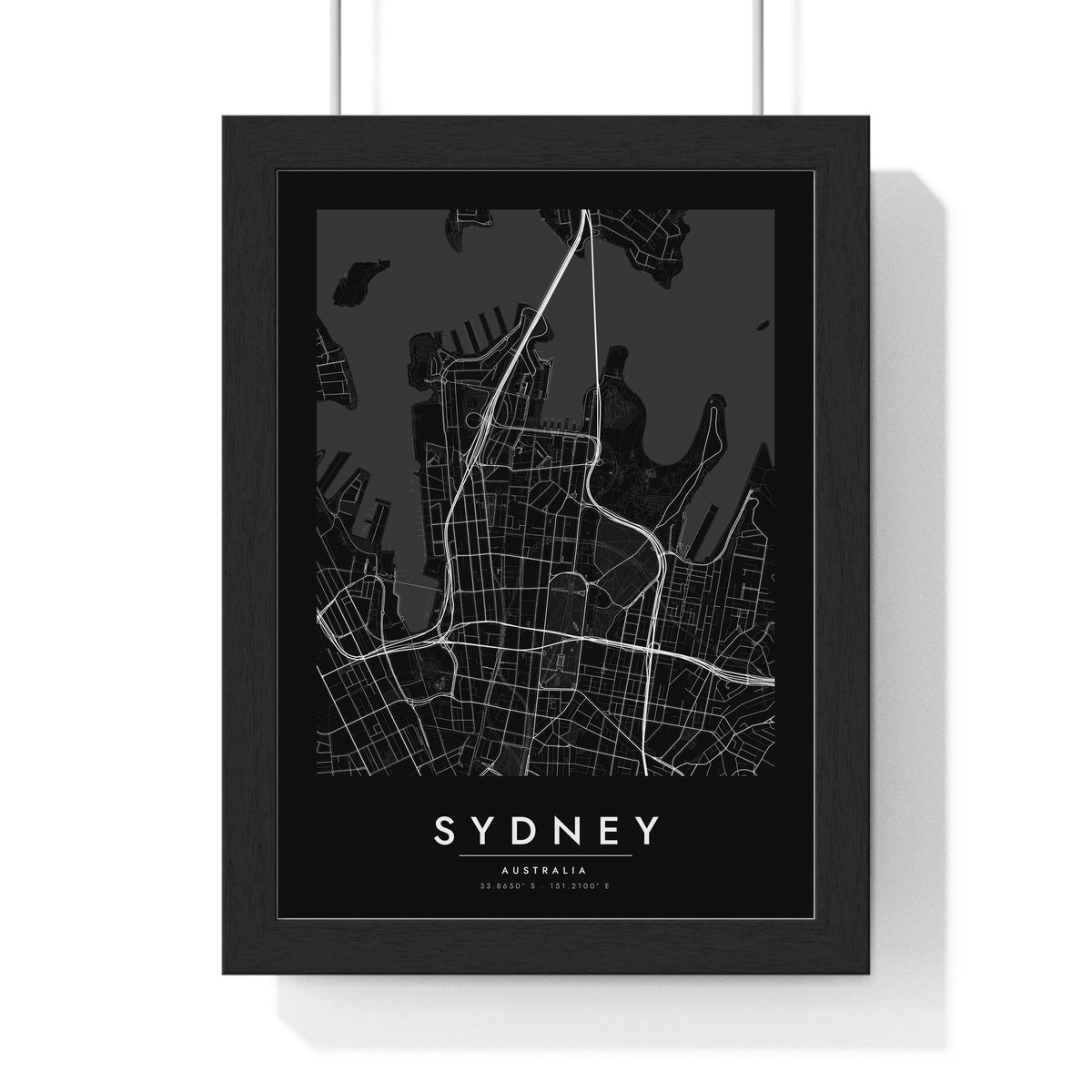 Sydney street map poster in black, minimal city map print framed in a black frame