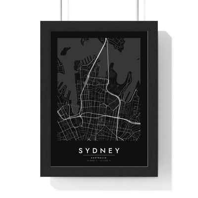 Sydney street map poster in black, minimal city map print framed in a black frame