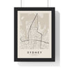 Sydney street map poster in cream, minimal city map print framed in a black frame