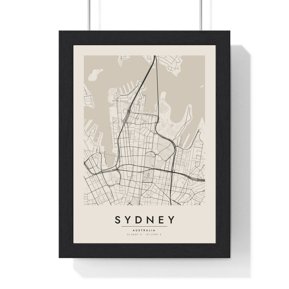 Sydney street map poster in cream, minimal city map print framed in a black frame