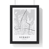 Sydney street map poster in white, minimal city map print framed in a black frame