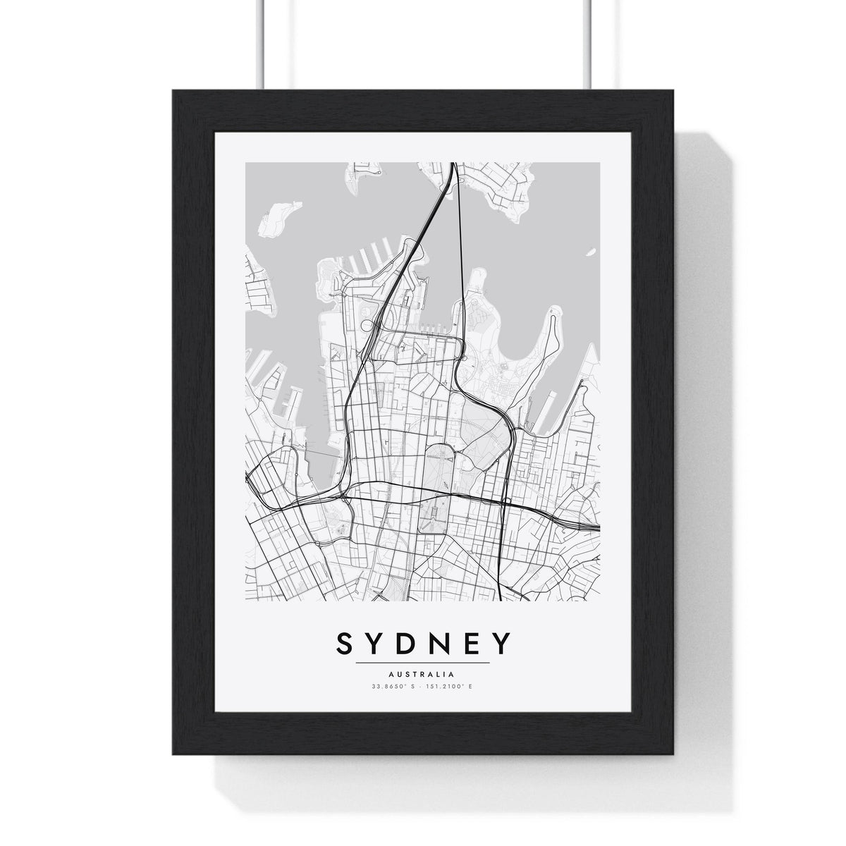 Sydney street map poster in white, minimal city map print framed in a black frame