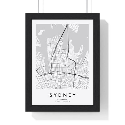 Sydney street map poster in white, minimal city map print framed in a black frame