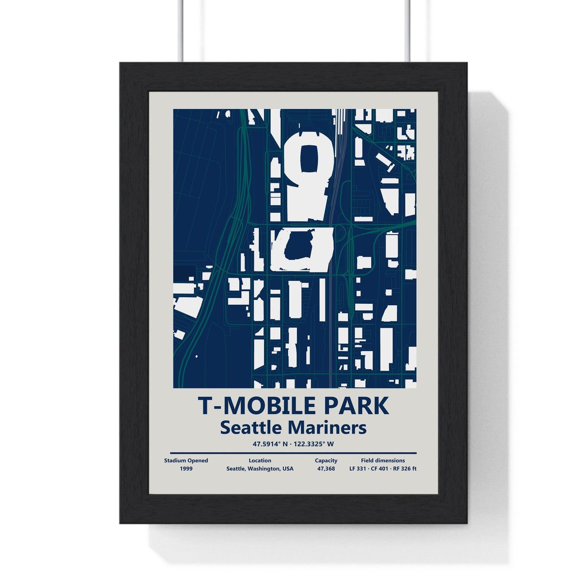 T-Mobile Park map print framed in a black frame, ready to hang