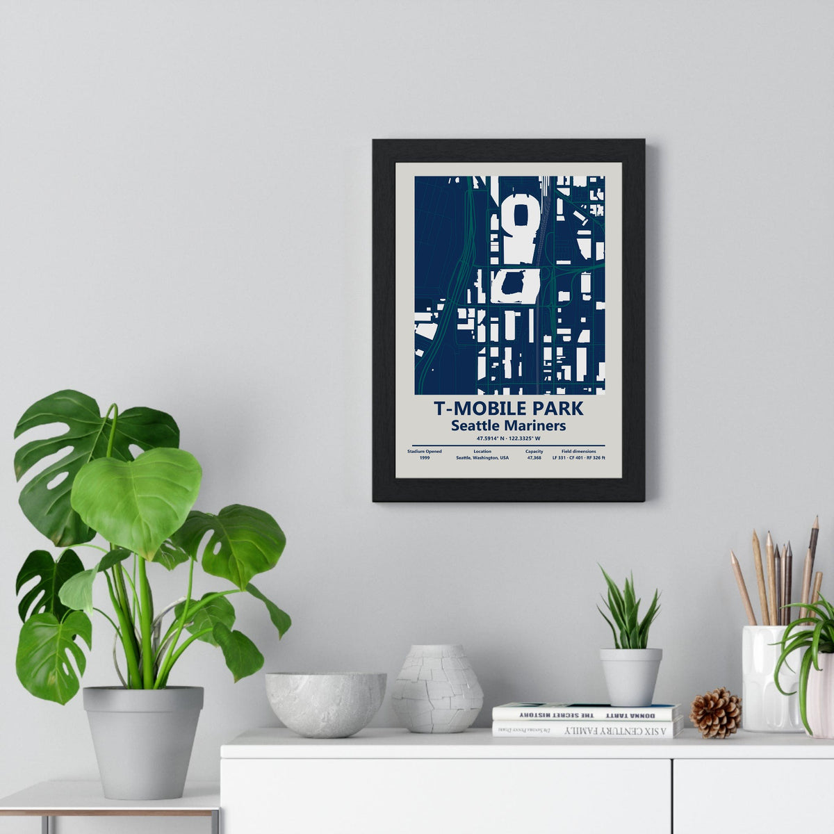 T-Mobile Park map print framed on a living room wall