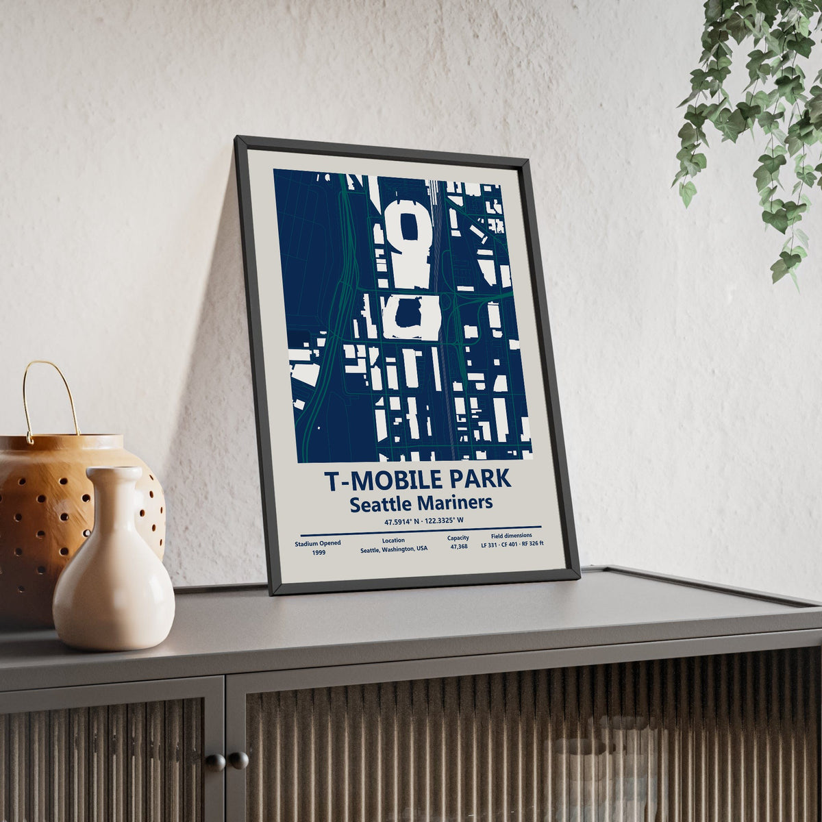 T-Mobile Park map print framed and leaning on a sideboard