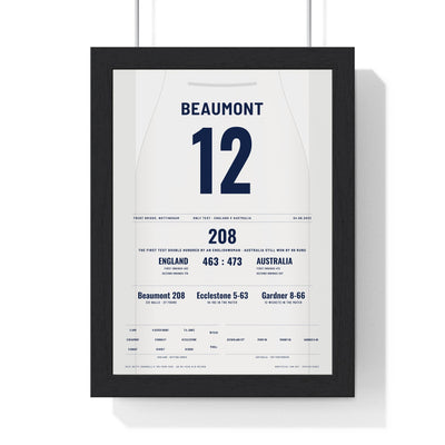 Tammy Beaumont 208 Trent Bridge 2023 Cricket Poster - England Women Test Shirt Print framed in a black frame, ready to hang
