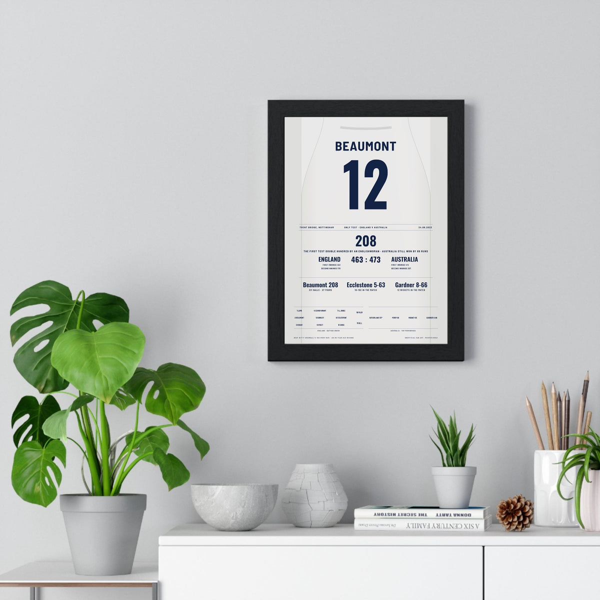 Tammy Beaumont 208 Trent Bridge 2023 Cricket Poster - England Women Test Shirt Print framed on a living room wall
