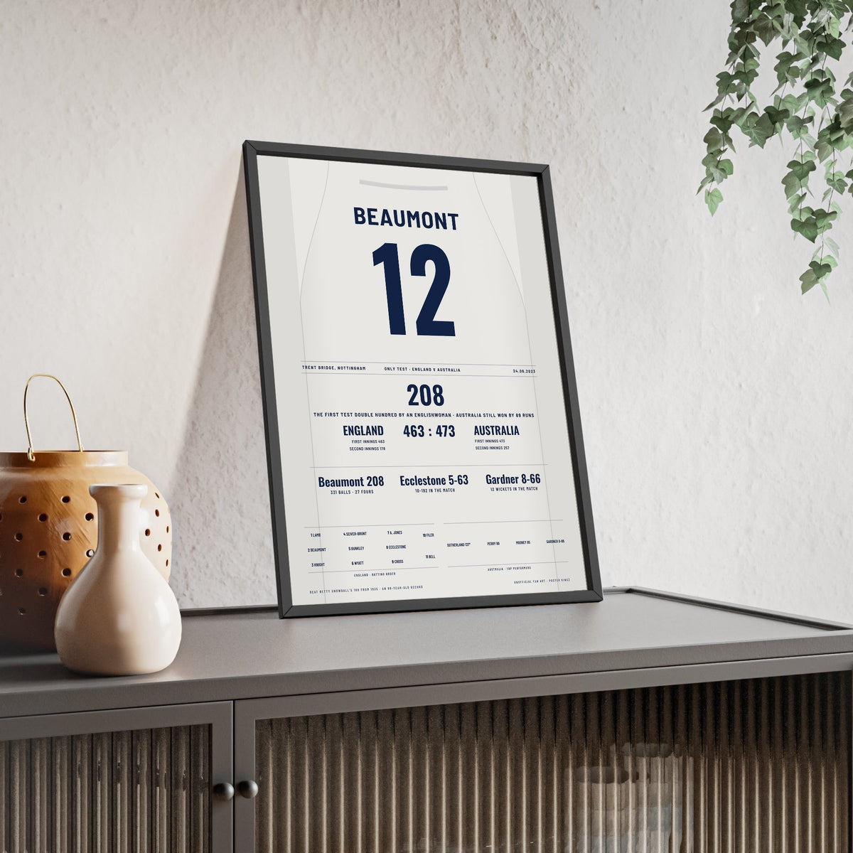 Tammy Beaumont 208 Trent Bridge 2023 Cricket Poster - England Women Test Shirt Print framed and leaning on a sideboard
