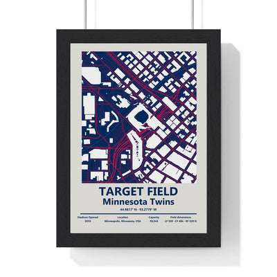 Target Field map print framed in a black frame, ready to hang