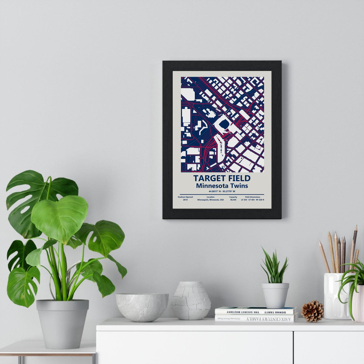 Target Field map print framed on a living room wall