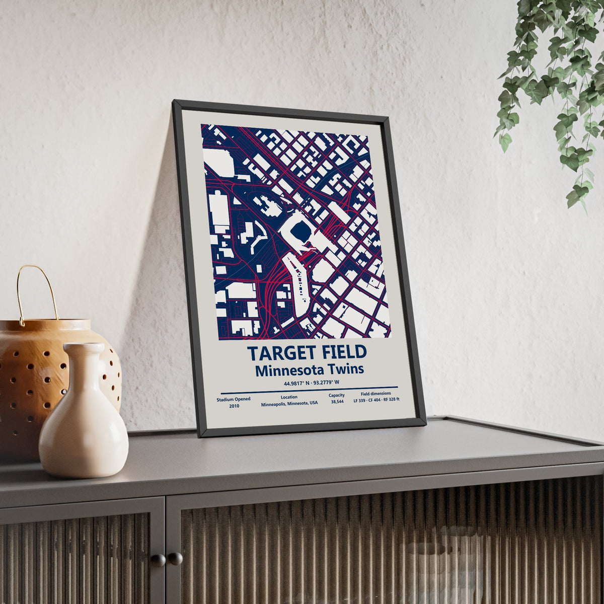 Target Field map print framed and leaning on a sideboard