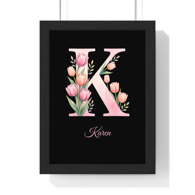 Personalised floral initial print with hand-painted watercolour tulips and personalised name on black background
