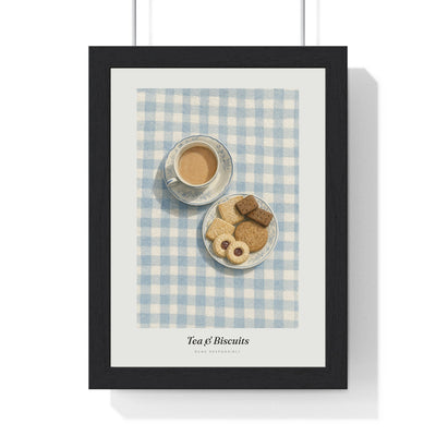 Tea and Biscuits Print framed in a black frame, ready to hang