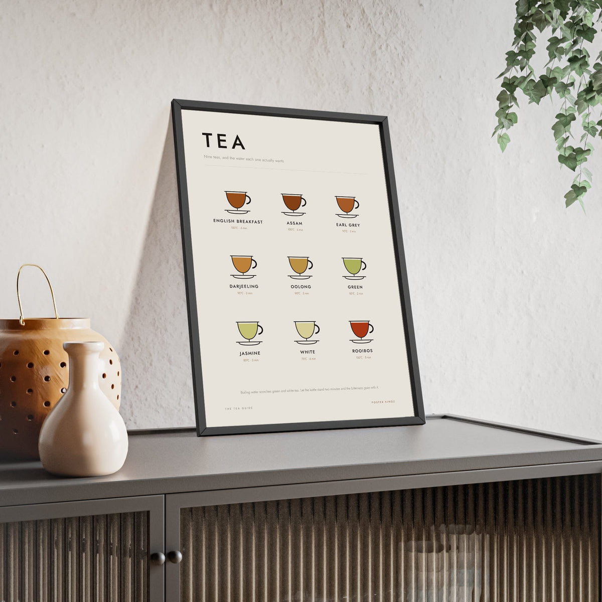 Tea Guide print framed and leaning on a sideboard
