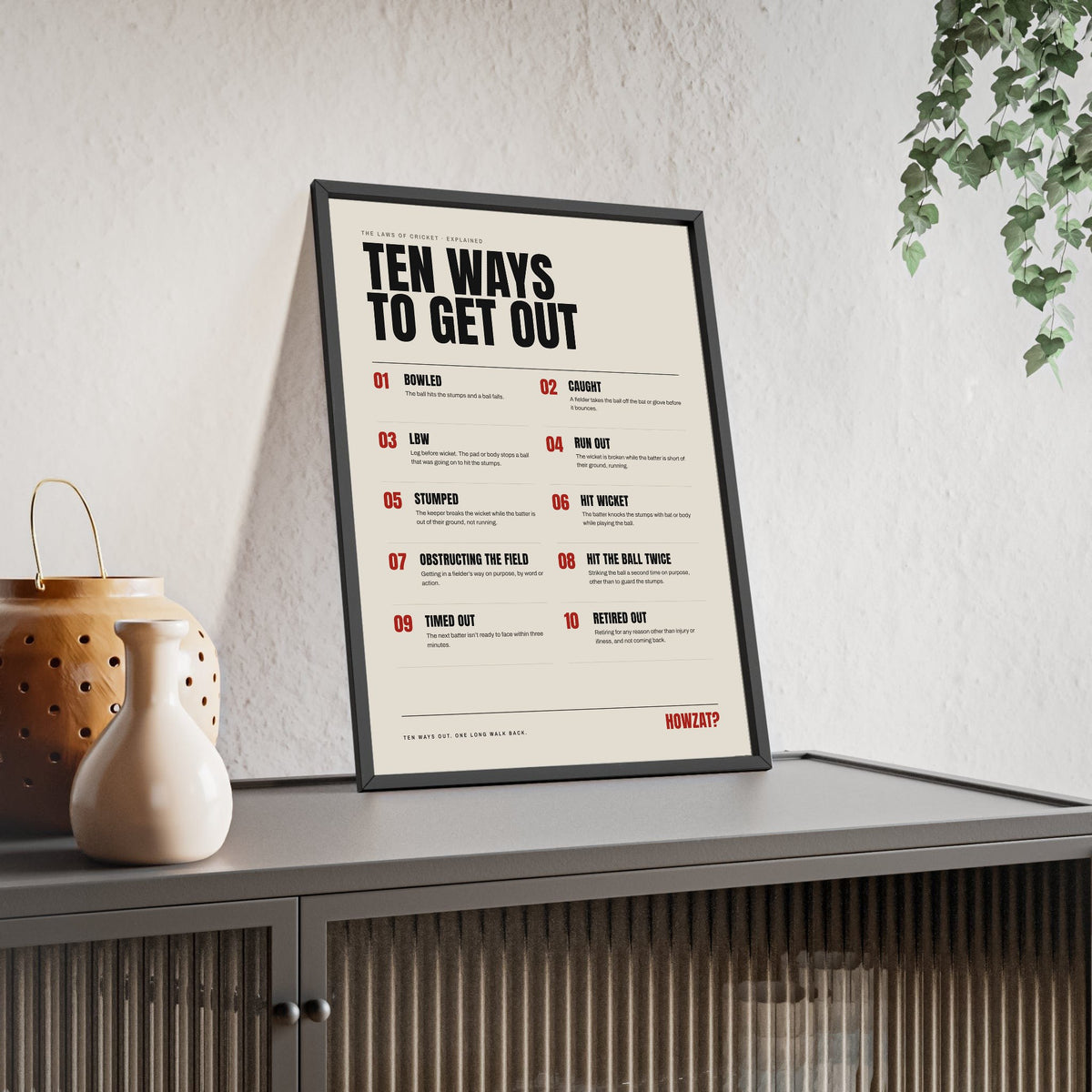 Ten Ways To Get Out Cricket print framed and leaning on a sideboard