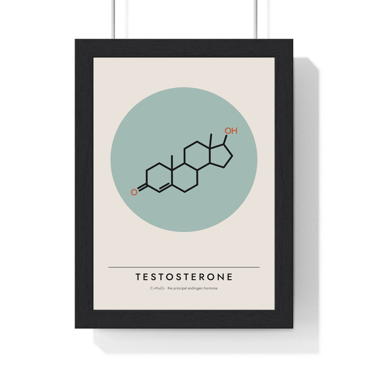 Testosterone Molecule print framed in a black frame, ready to hang