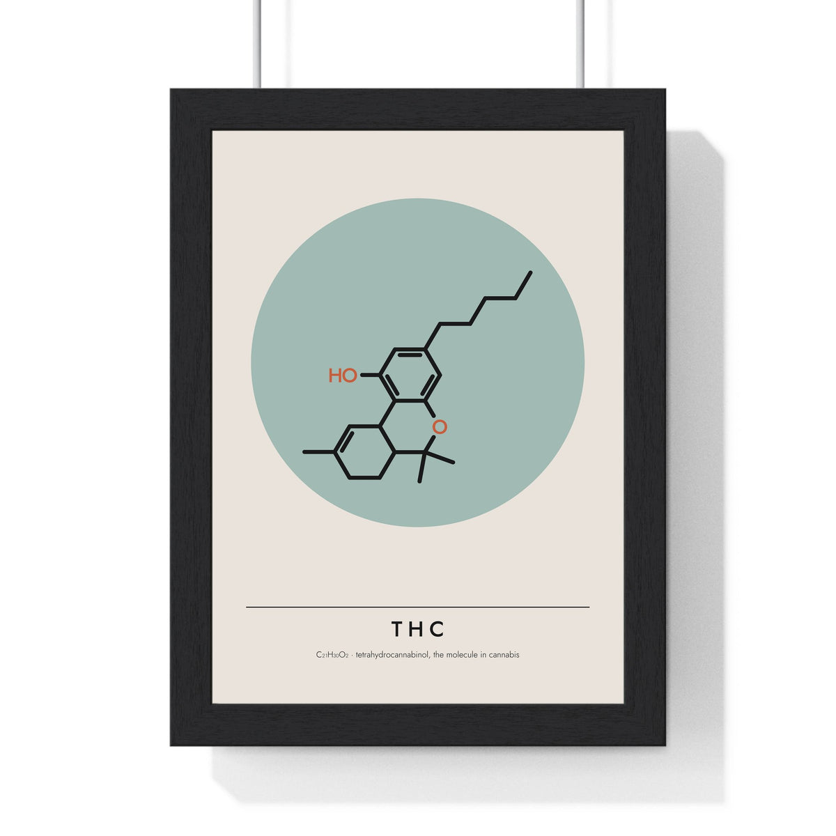 THC Molecule print framed in a black frame, ready to hang