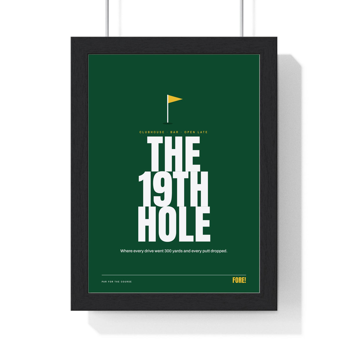 The 19th Hole Golf print framed in a black frame, ready to hang