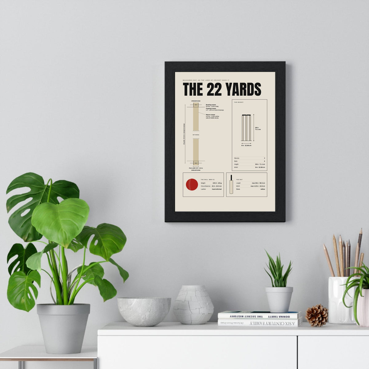 The 22 Yards Cricket Pitch print framed on a living room wall