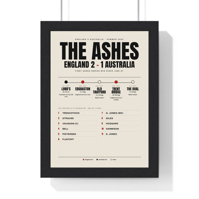 The Ashes 2005 print framed in a black frame, ready to hang