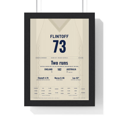 Andrew Flintoff Edgbaston 2005 Cricket Poster - Two Run Win Jumper Print framed in a black frame, ready to hang