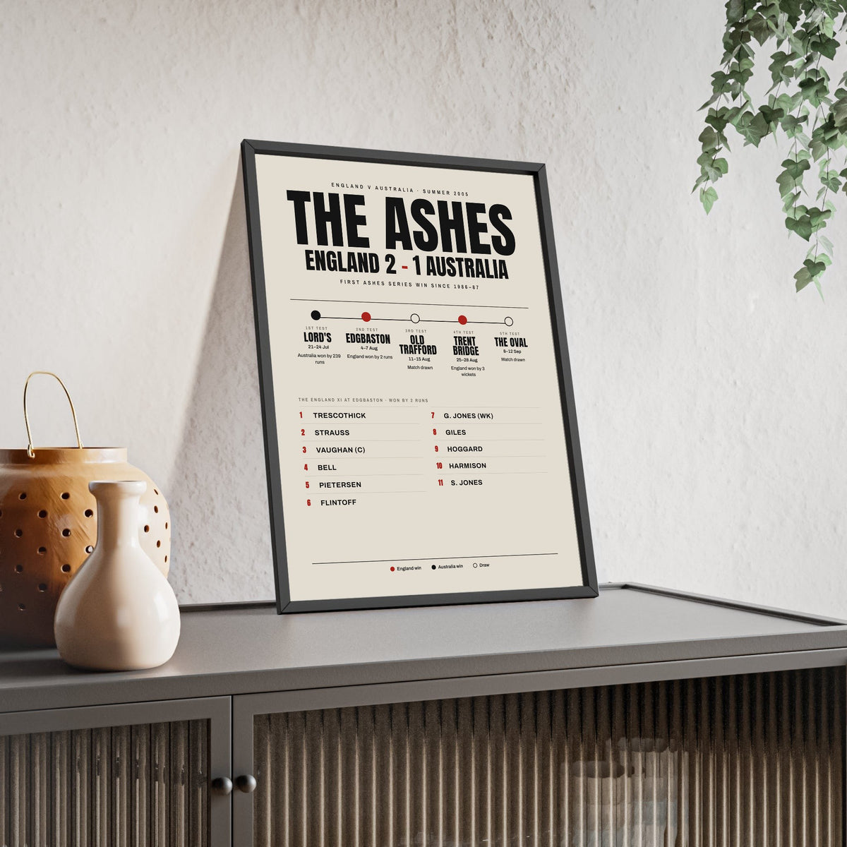 The Ashes 2005 print framed and leaning on a sideboard
