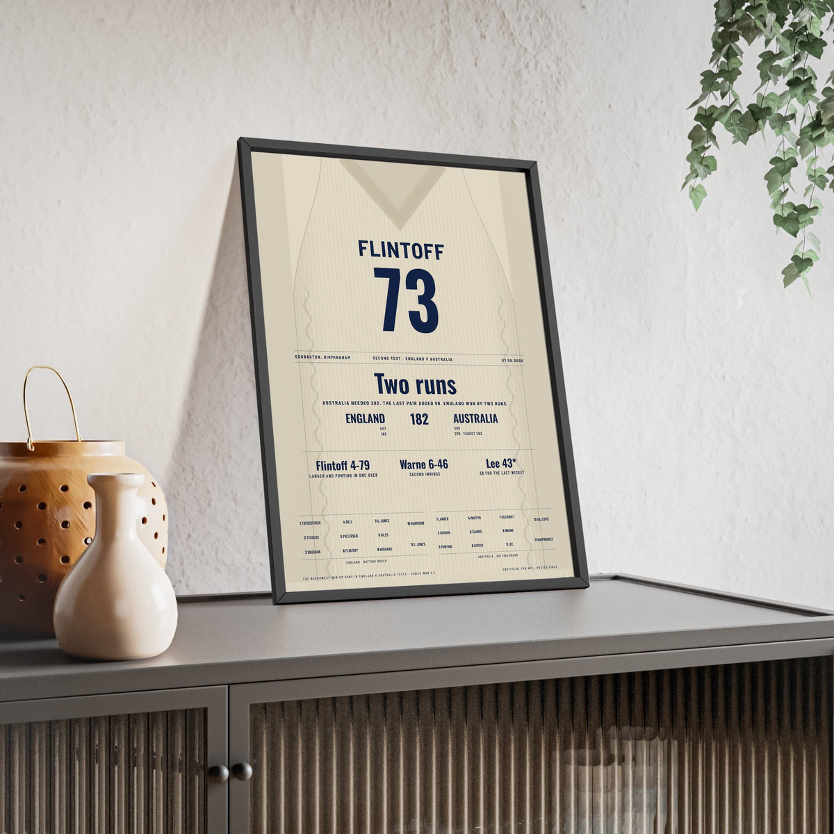 Andrew Flintoff Edgbaston 2005 Cricket Poster - Two Run Win Jumper Print framed and leaning on a sideboard