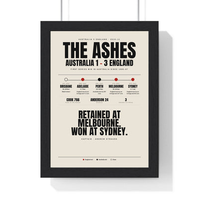 The Ashes 2010-11 print framed in a black frame, ready to hang