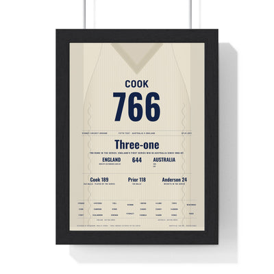 Alastair Cook Sydney 2011 Cricket Poster - 766 Runs Series Win Jumper Print framed in a black frame, ready to hang