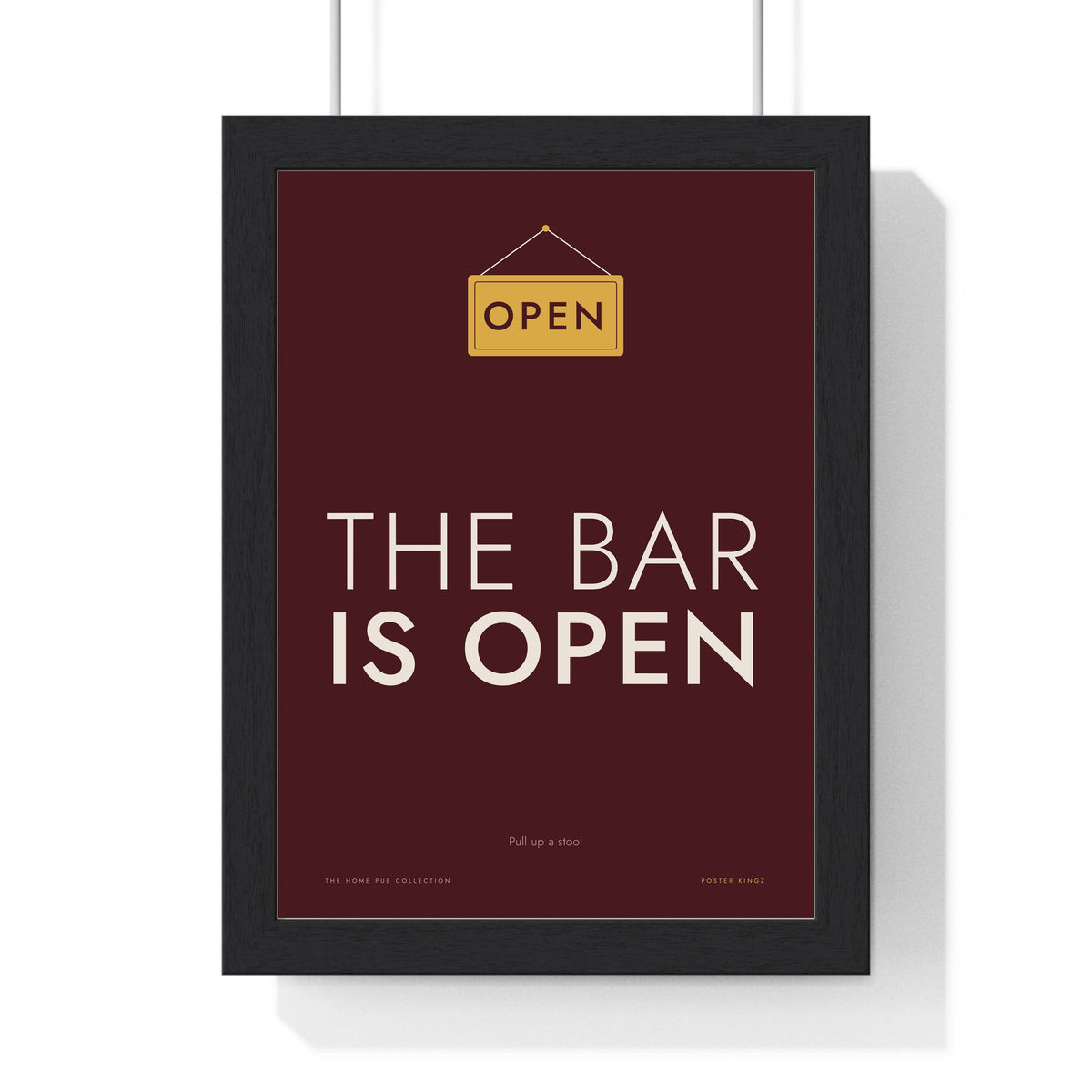 The Bar Is Open Print framed in a black frame, ready to hang