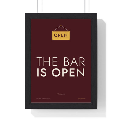The Bar Is Open Print framed in a black frame, ready to hang