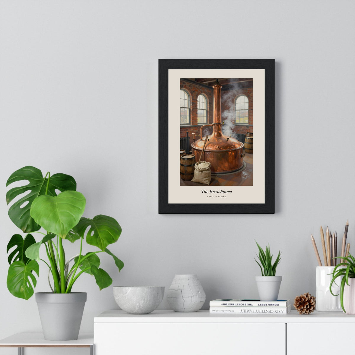 The Brewhouse Print framed on a living room wall