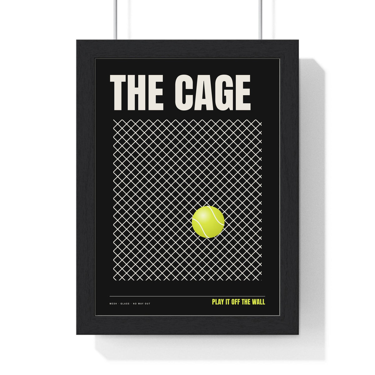 The Cage Padel print framed in a black frame, ready to hang
