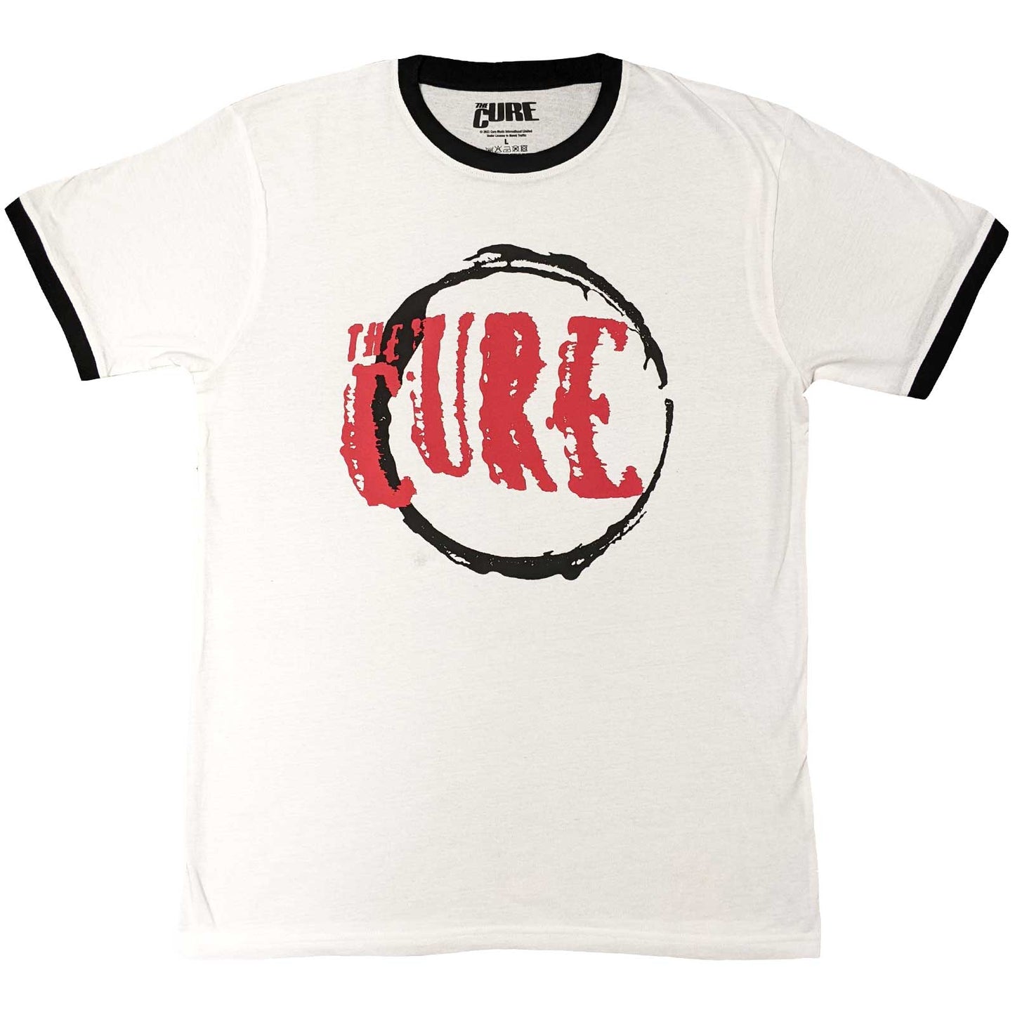 White t-shirt with The Cure Unisex Ringer - Circle Logo (White) Official Merch