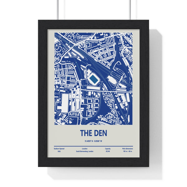 The Den stadium map print framed in black MDF frame with perspex