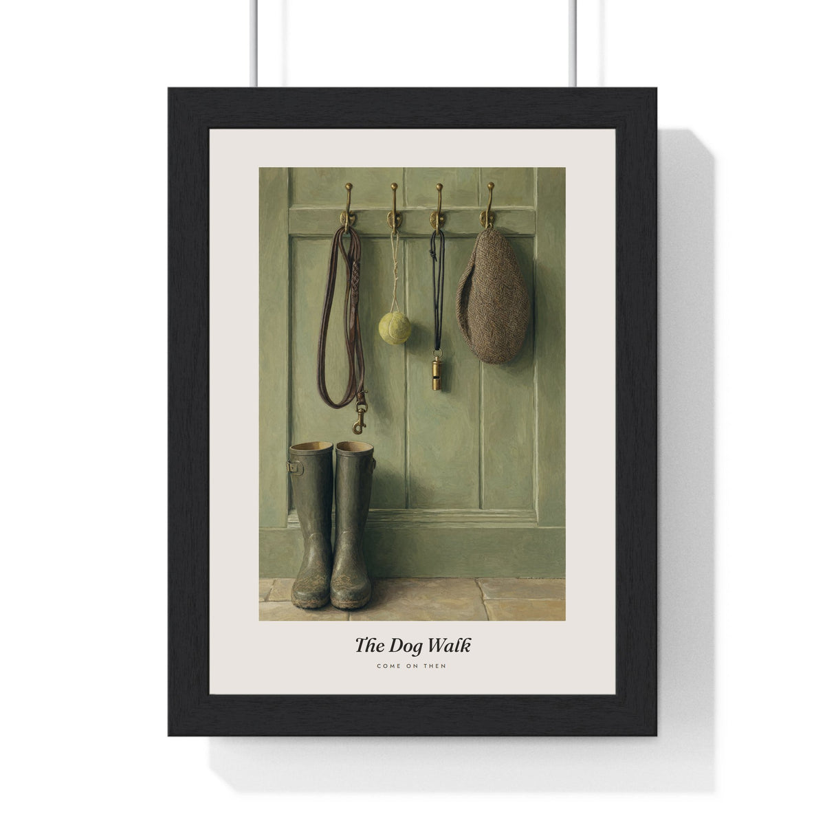 The Dog Walk Print framed in a black frame, ready to hang