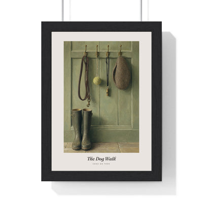 The Dog Walk Print framed in a black frame, ready to hang
